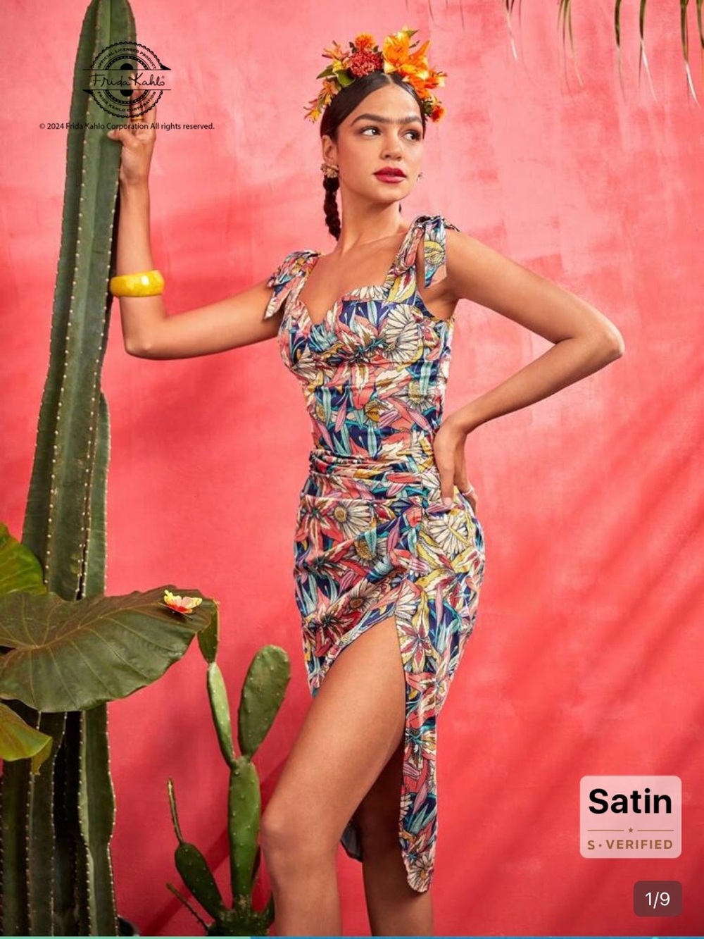 Satin Multicolor Tropical Tie-Shoulder Dress - L